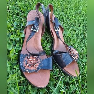 NAYA AIRENA BLACK LEATHER BAMBOO 3.5"HEEL SANDALS WOMEN SIZE US 9M